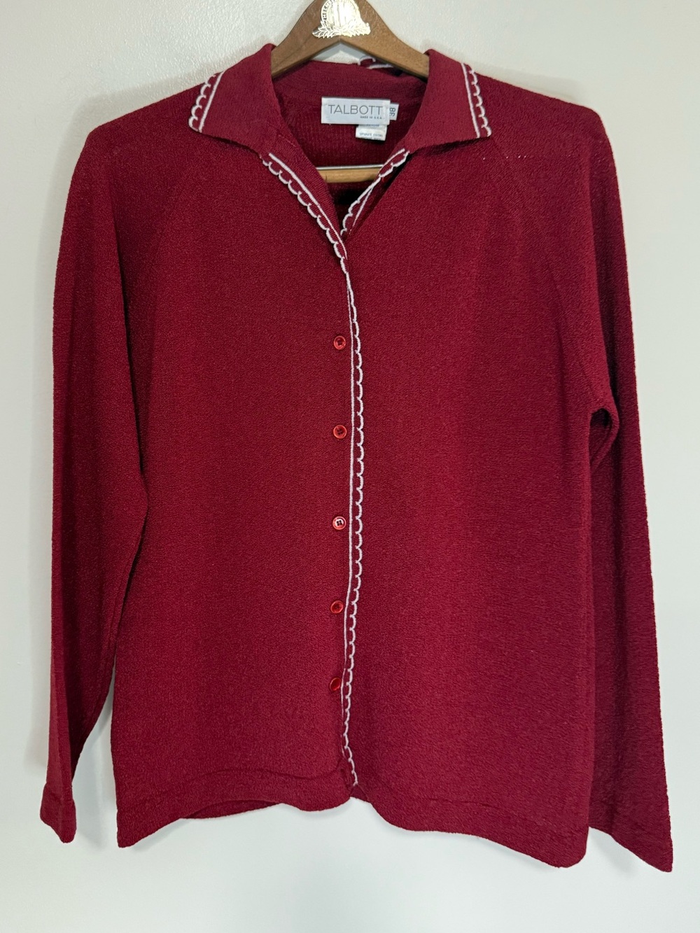 Talbott Vintage Red/burgundy  Button-Up Cardigan White Trim size 38 (medium)